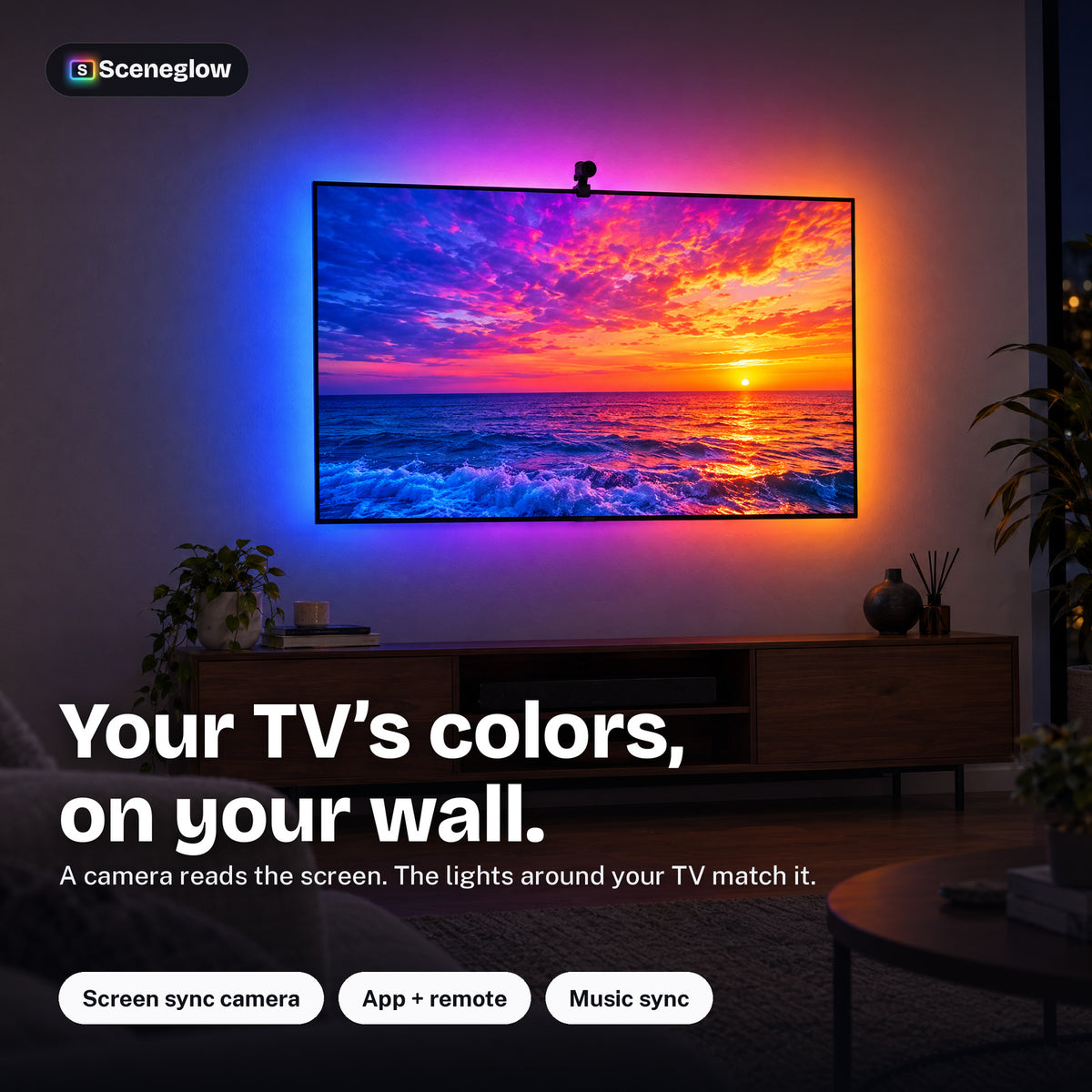 Sceneglow TV backlight lighting the wall behind a TV in the colors of a sunset on screen