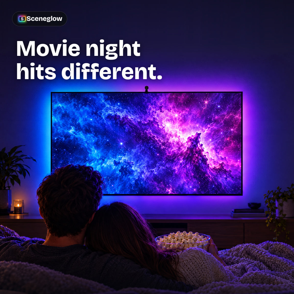 A couple watching a movie with the TV backlight glowing purple and blue