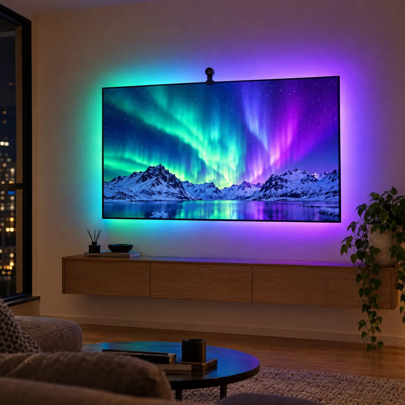 A dark living room, the TV on, colored light from the screen glowing on the wall behind it