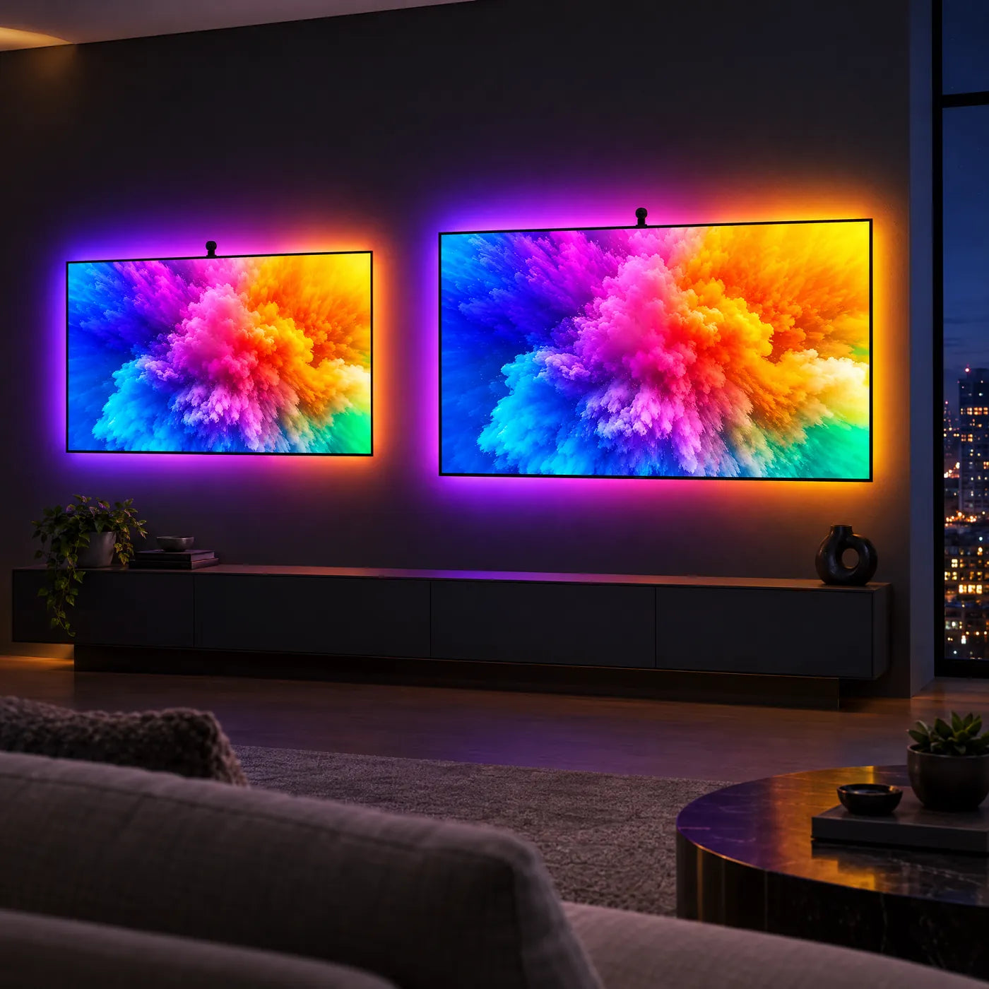 Two TVs of different sizes, each with a colored backlight