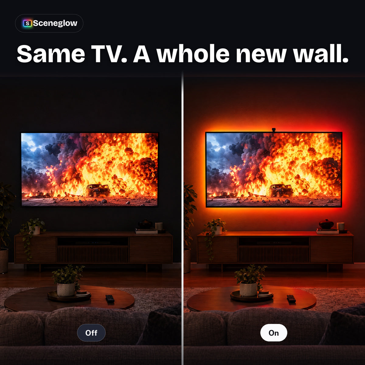 The same TV with the backlight off and on