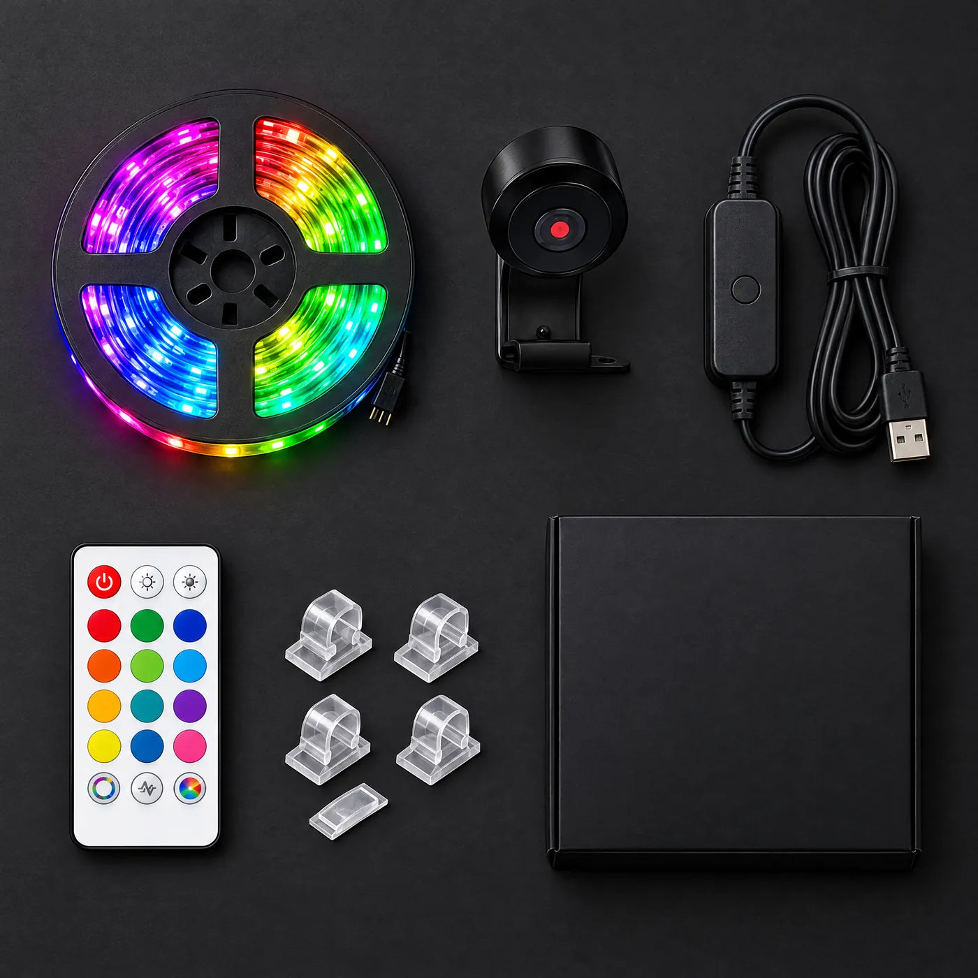 The LED strip and the clip-on camera laid out together