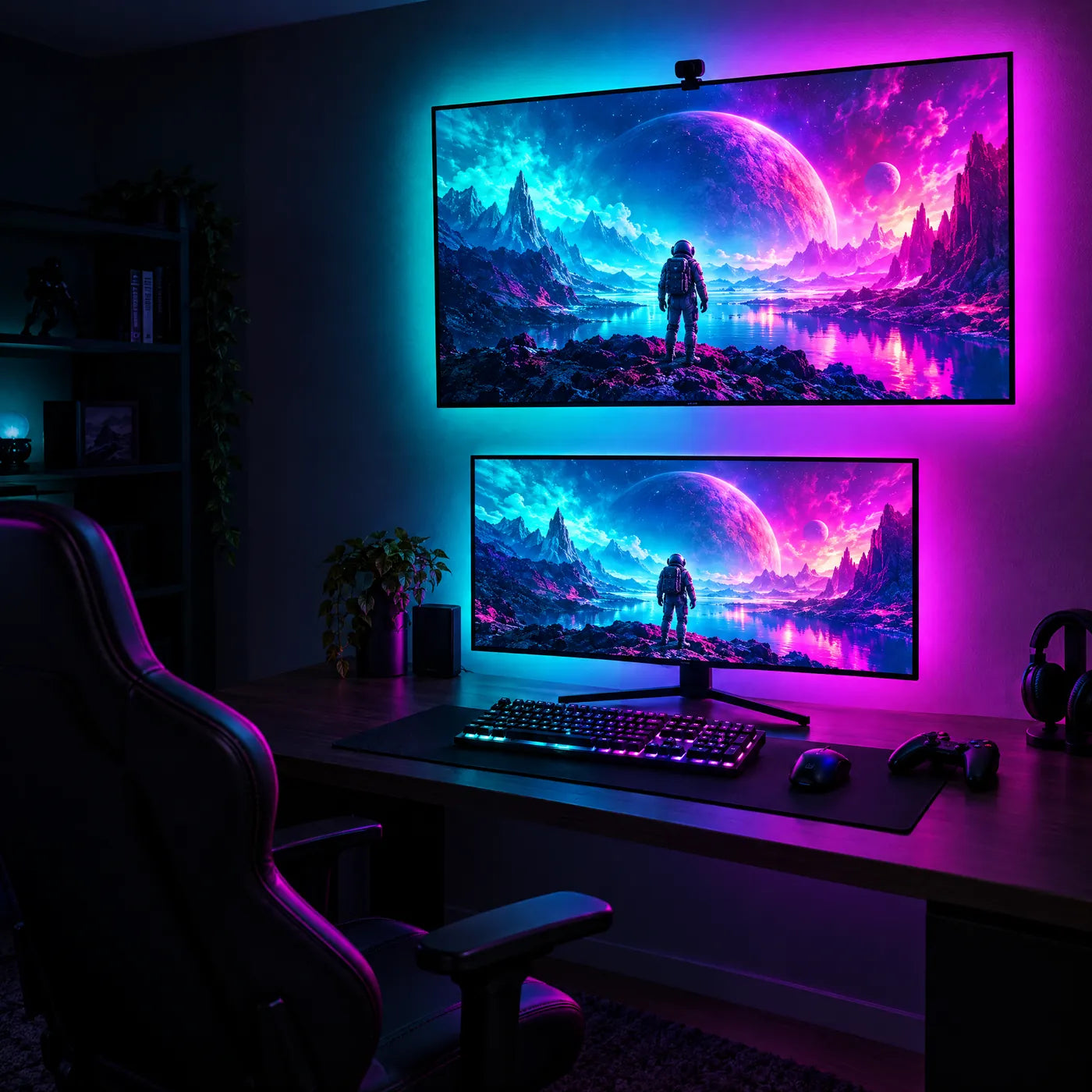 A gaming setup with a monitor and a TV both glowing with colored backlight