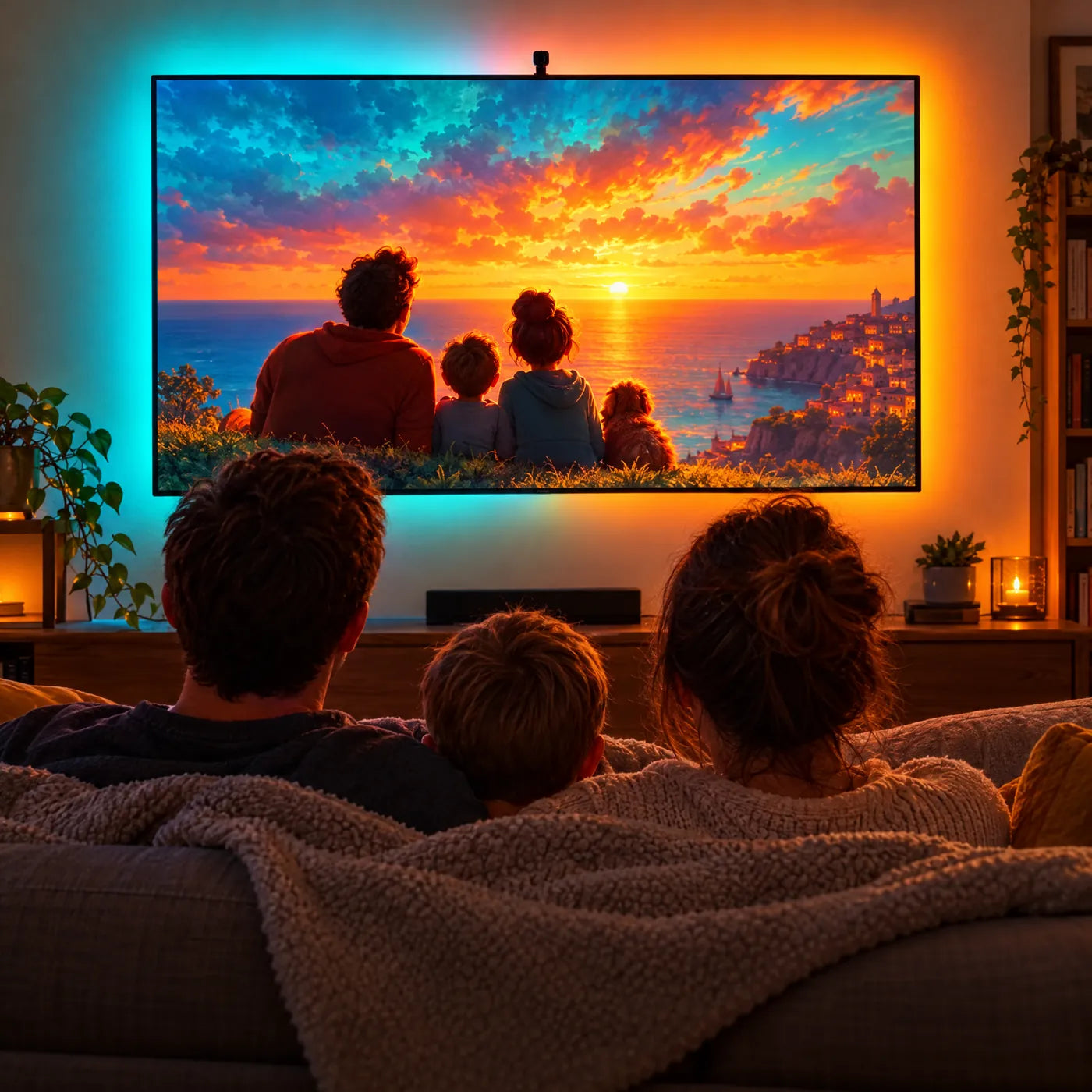 The TV showing a bright scene with the wall behind it glowing in the same colors